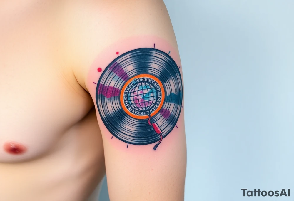 vinyl record and disco ball tattoo idea