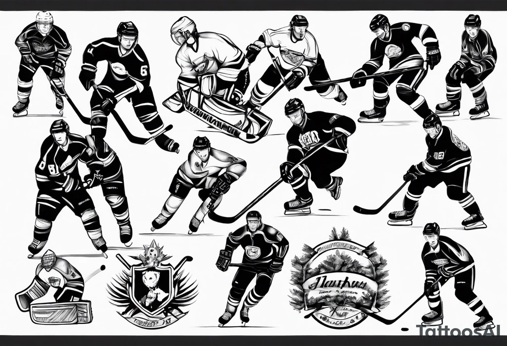 Hockey scene incorporating my children’s names in jerseys tattoo idea