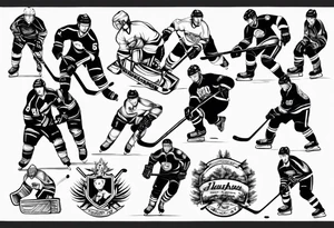 Hockey scene incorporating my children’s names in jerseys tattoo idea