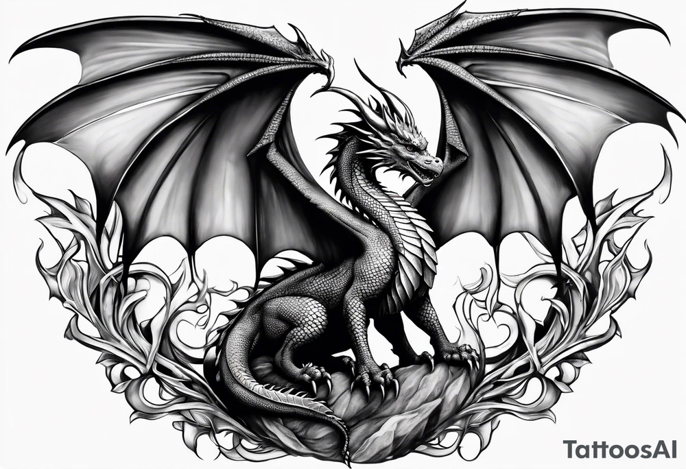 Mother dragon wings spread standing over her three young dragon babies tattoo idea