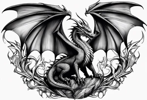 Mother dragon wings spread standing over her three young dragon babies tattoo idea