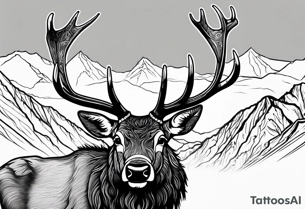 bull elk with mountain landscape in the background tattoo idea