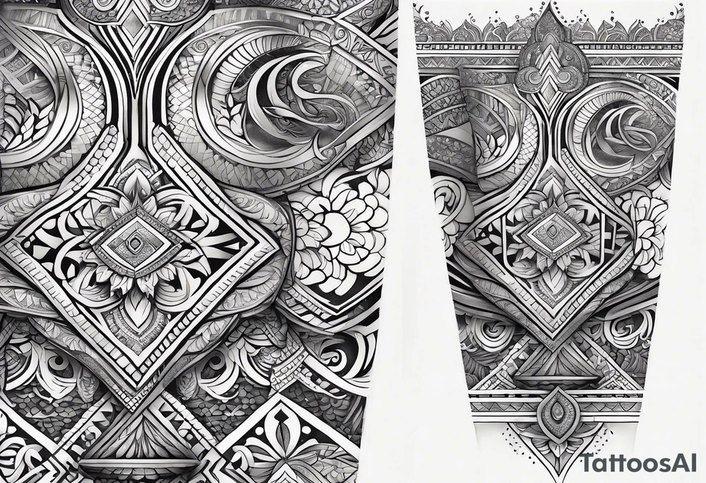 Hindu Sanskrit tribal design on right lower leg, below knee to top of feet tattoo idea