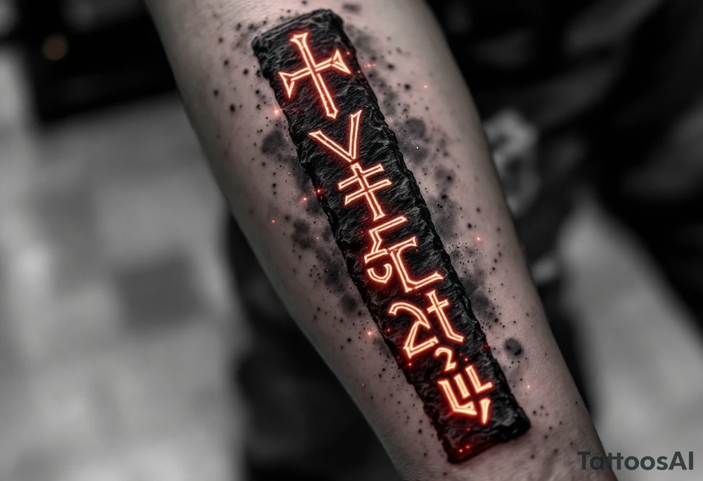 A forearm tattoo featuring a vertical line of deep crimson Slavic runes, each carved with rough stone-like texture and glowing faintly, set against a black and smoky-gray background with subtle ash particles floating around. tattoo idea