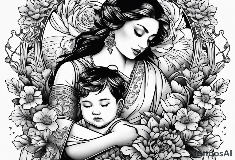 1/2 sleeves full of flowers with a mom older son younger daughter in the middle on a swing tattoo idea