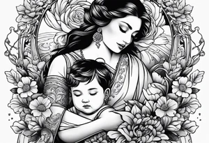 1/2 sleeves full of flowers with a mom older son  younger daughter in the middle on a swing tattoo idea