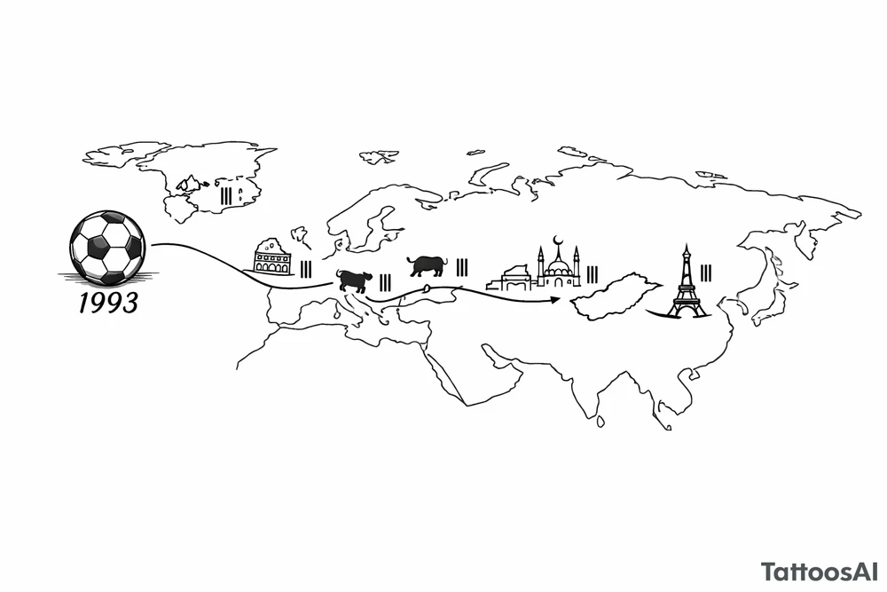 A football journey no crests stars each country on how many times ive played there
A fine-line world map or stylized route connecting Iceland ➔ Italy ➔ Spain ➔ Turkey ➔ Hungary ➔ France, with minimalist markers for each club.
Starting in uk 1993 realist tattoo idea