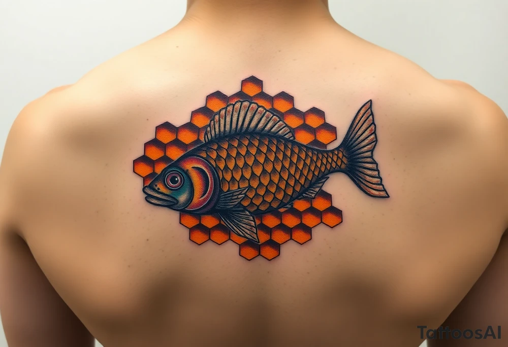 Coi fish swimming in honey comb tattoo idea