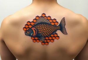 Coi fish swimming in honey comb tattoo idea