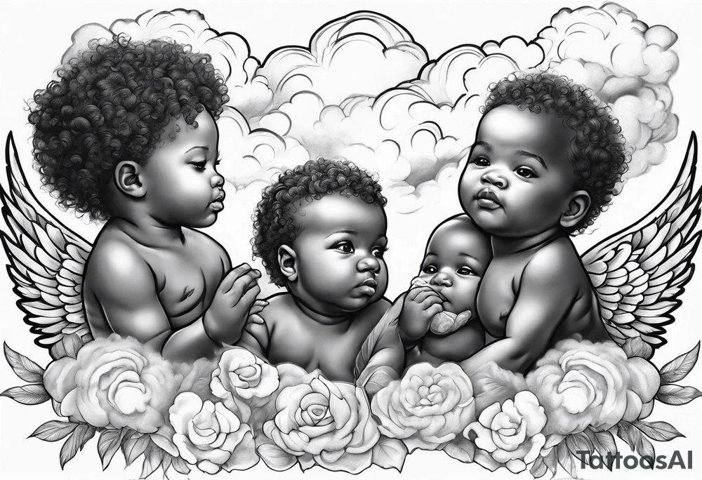 multiple african american baby angels with clouds in the background tattoo idea