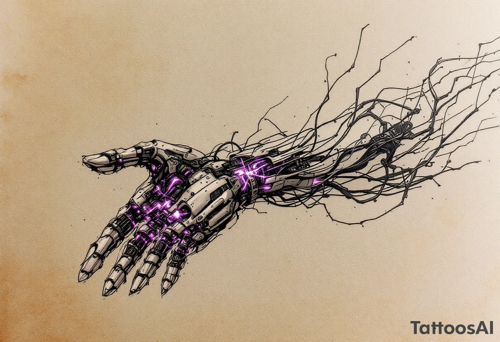 A biomechanical structure starting at the palm in brushed aluminum, surrounded by glowing violet circuitry and torn muscle detail. tattoo idea
