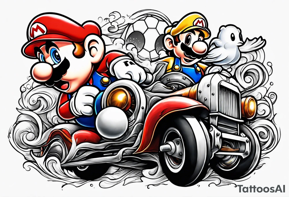 Mario brothers with ghosts and goombas with canons tattoo idea