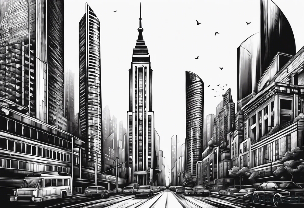 City with tall building leg sleeve tattoo idea