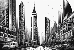 City with tall building leg sleeve tattoo idea