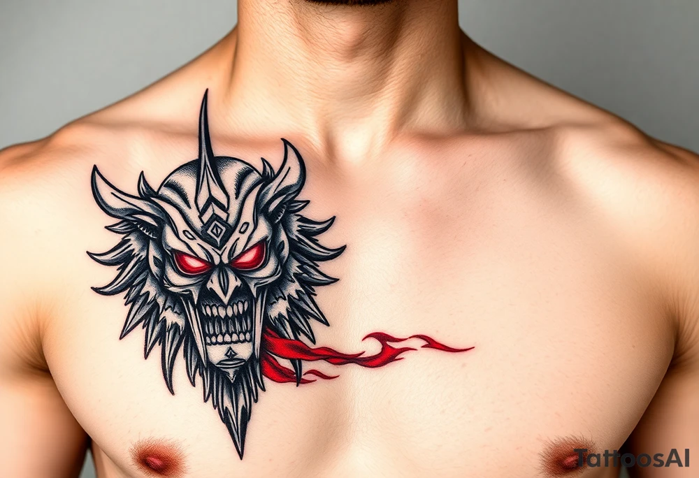 Warrior black and red on left chest male tattoo idea