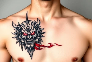 Warrior black and red on left chest male tattoo idea