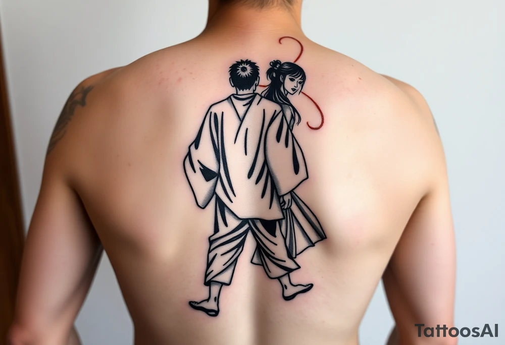 An abstract tattoo of a guy in a kimono walking forward while a girl pushes him from behind. tattoo idea