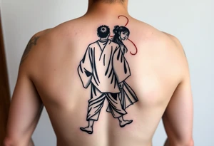 An abstract tattoo of a guy in a kimono walking forward while a girl pushes him from behind. tattoo idea