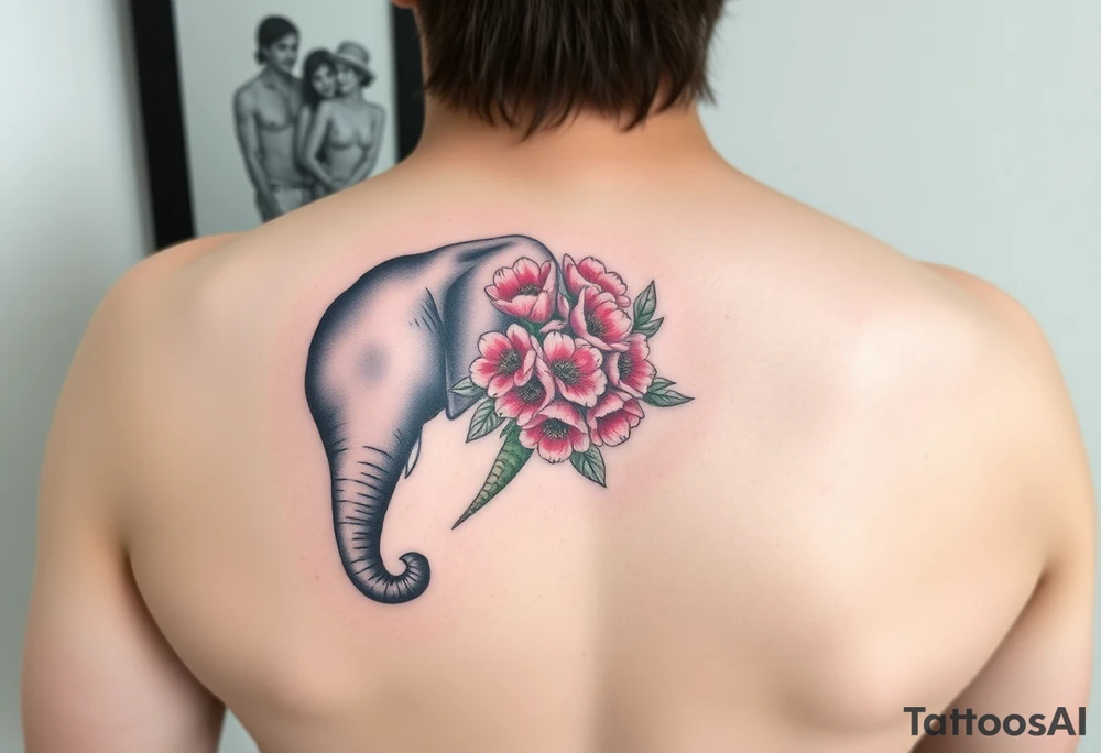 elephant holding a bouquet of small pink peonies tattoo idea