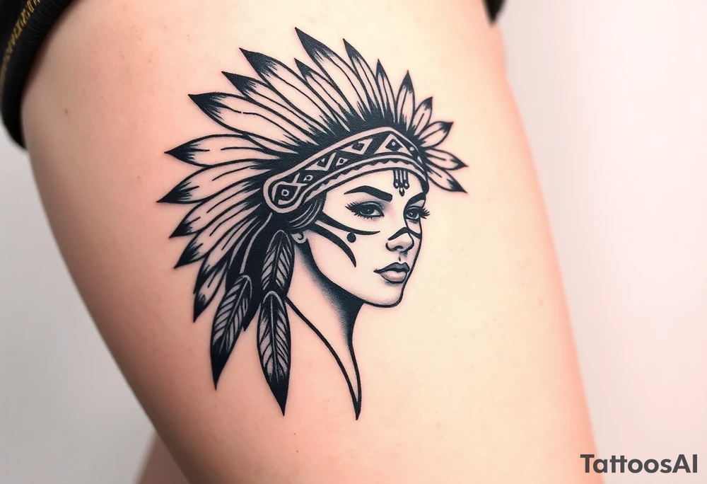 Beautiful, majestic, and noble young native American indian woman with a big bold head dress on and war paint on her face with some kind of background with tribal tattoo idea
