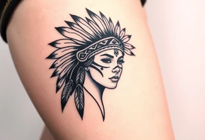 Beautiful, majestic, and noble young native American indian woman with a big bold head dress on and war paint on her face with some kind of background with tribal tattoo idea
