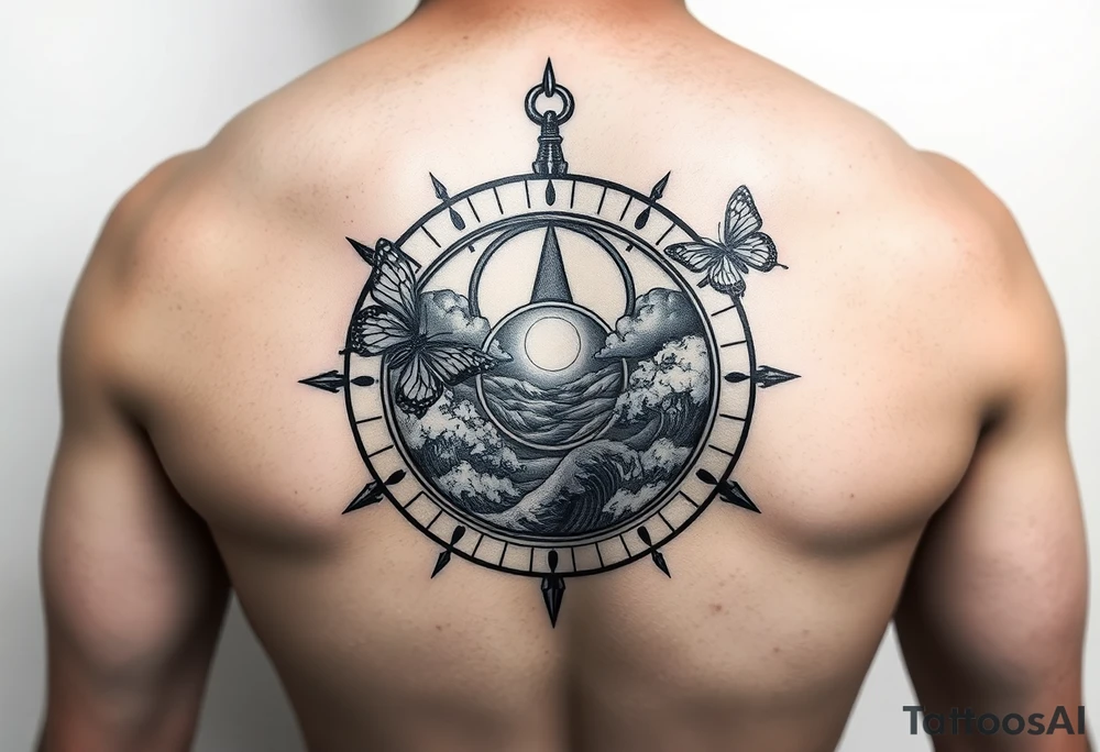 compass with butterflies and the sun shining through clouds, with waves crashing in the background
half sleeve tattoo idea