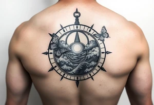 compass with butterflies and the sun shining through clouds, with waves crashing in the background
half sleeve tattoo idea