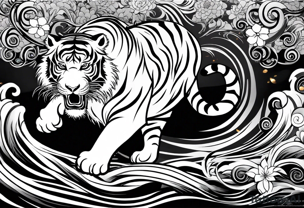 Inspired by Japanese art, this design features the tiger’s body depicted with dramatic, flowing curves and swirls. The background includes flowing water currents and floral motifs. This design is black and white and dynamic, capturing the movement and spirit of the tiger in a traditional Japanese aesthetic. tattoo idea