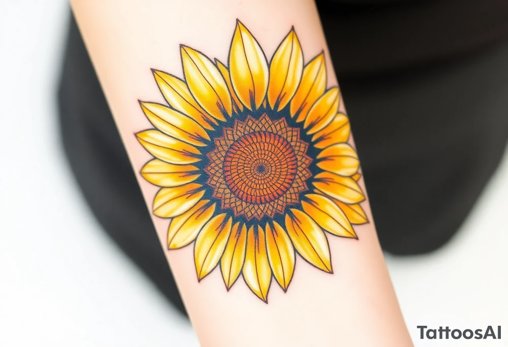 A radiant sunflower with golden-yellow petals, its center detailed with intricate spirals, symbolizing resilience and joy tattoo idea