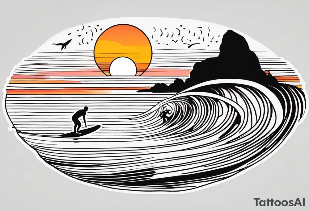 Black and white Line work tattoo depicting a father surfing in the sunset, and sharing his surfboard with his two daughters.  The sunset and horizon has musical notes. tattoo idea