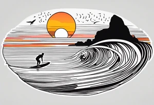 Black and white Line work tattoo depicting a father surfing in the sunset, and sharing his surfboard with his two daughters.  The sunset and horizon has musical notes. tattoo idea