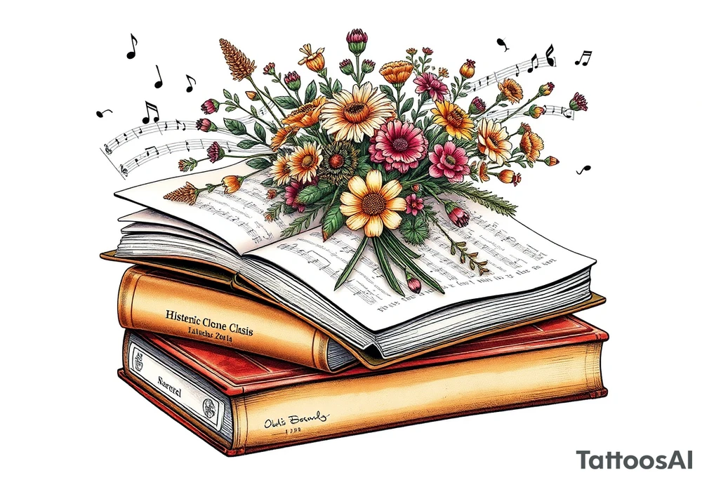 stack of 3 vintage books with various names on the spines top book open with bouquet of different kinds of wild 
flowers coming out of it
Music notes dancing around in the background Spanish Mexican essence tattoo idea