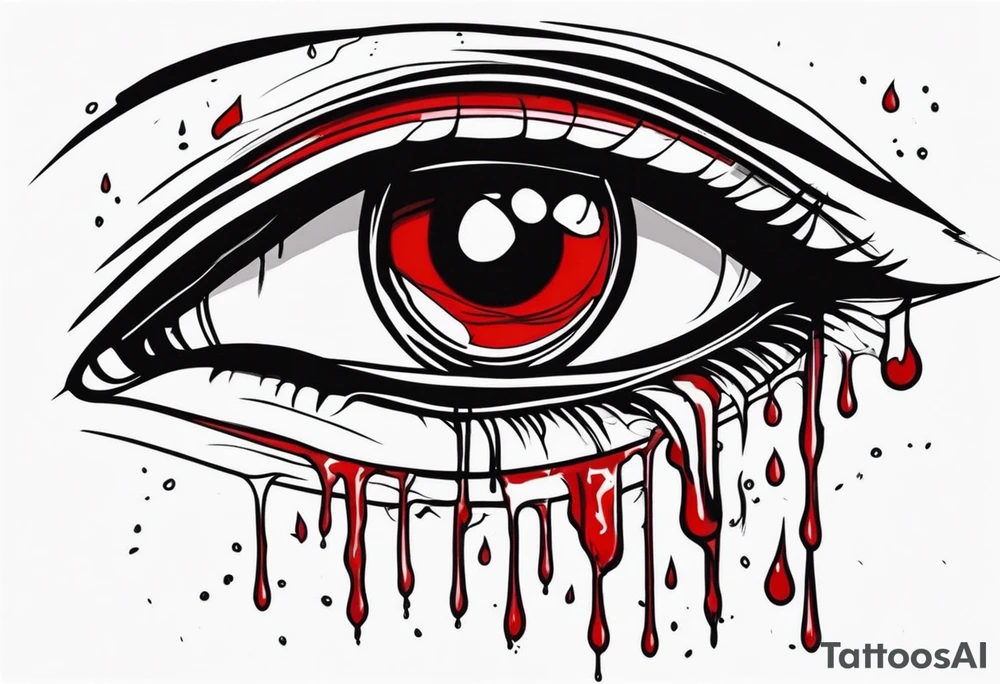 Bleeding tear flows to down from man's red eye sleeve tattoo design tattoo idea