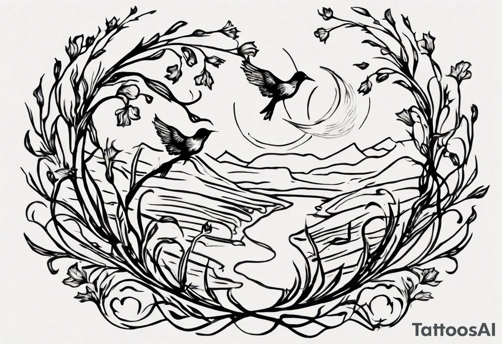 Create a small Vincent van Gogh Irises tattoo. The tattoo should take the form of a crescent, with vines gracefully intertwining at a central point in the middle of the wreath with a bird. The intended placement is on the upper chest. The overall design should be small in size while maintaining a delicate and artistic aesthetic. Pay attention to the graceful flow of the vines and the placement of the irises to achieve a refined and elegant look. tattoo idea