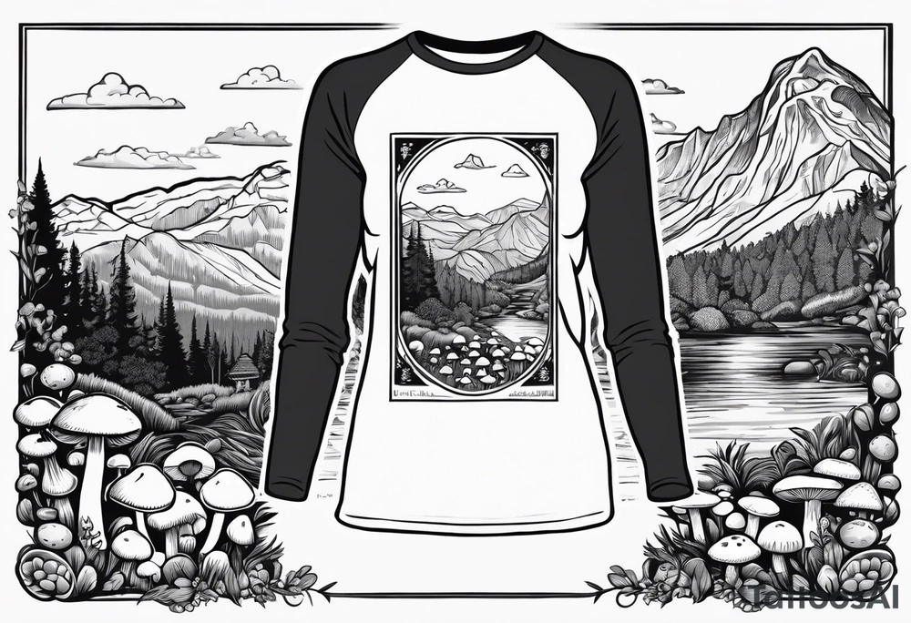 Whole picture encircled fully

Straight long blonde hair hippie girl in distance holding mushrooms in hand facing away toward mountains and creek surrounded by mushrooms long sleeve shirt and hiking pants; whole rendering within a full circle, no cut off circle tattoo idea