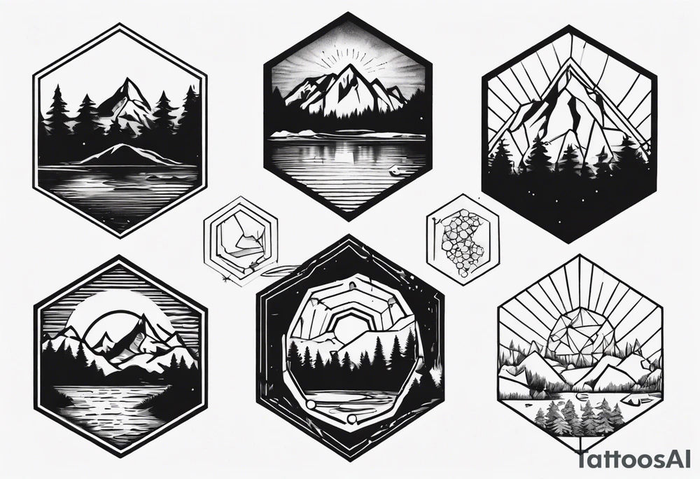 Several hexagons, within which is a mountain in the background on the right side, a sun on the left, a coniferous forest in the foreground, and a lake on the lower side tattoo idea