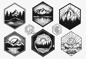 Several hexagons, within which is a mountain in the background on the right side, a sun on the left, a coniferous forest in the foreground, and a lake on the lower side tattoo idea
