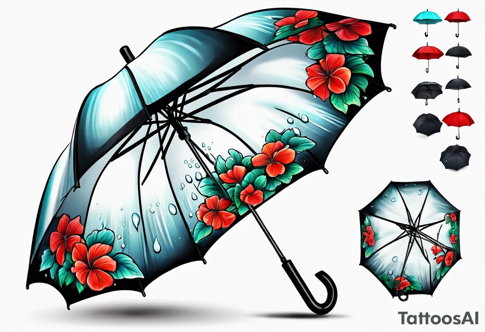 Upside down umbrella filled with geraniums rain droplets tattoo idea