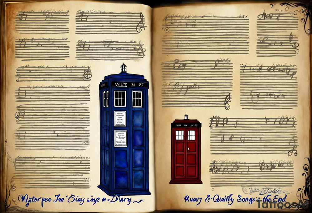 River songs diary from doctor who with the words "We're all stories in the end" I want just the TARDIS blue diary and those words in ribbons or something around the diary.  I want the diary to be closed. The diary has to be closed. tattoo idea
