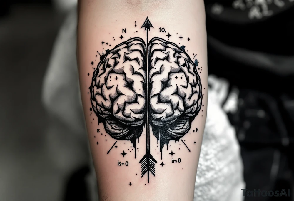 A front-seen brain in geometric and straight lines, math symbols arround. A detailed arrow crosses from below and exit from the top, with its tip desintegrating to represent entropy and watercolor stains spilled from the arrow. Around of the main tattoo, math and physics formulas, including the formula "ΔS ≥ 0" and the formula "(iδ + m) Φ = 0" tattoo idea