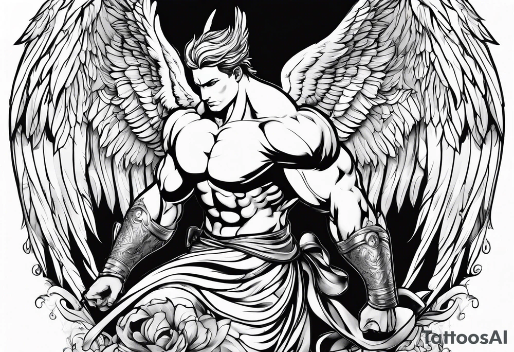 Angel in the pose of a superhero landing tattoo idea