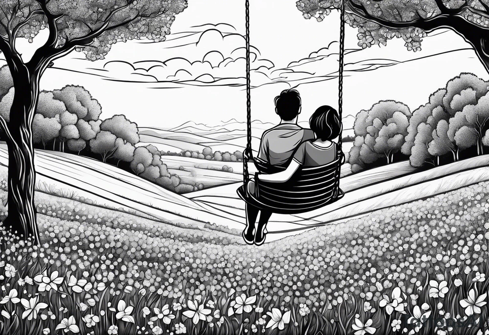 Mom with son and daughter on a swing in the distance in a field of flowers tattoo idea