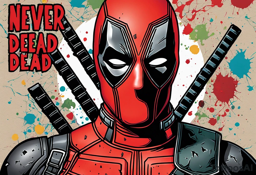 Banner with Text: A worn, dark banner wraps around Deadpool with the phrase "NEVER DEAD" in bold, cracked letters that give a strong and aggressive impression. The banner has small torn details, as if it’s been through rough conditions, with shading that adds depths. tattoo idea