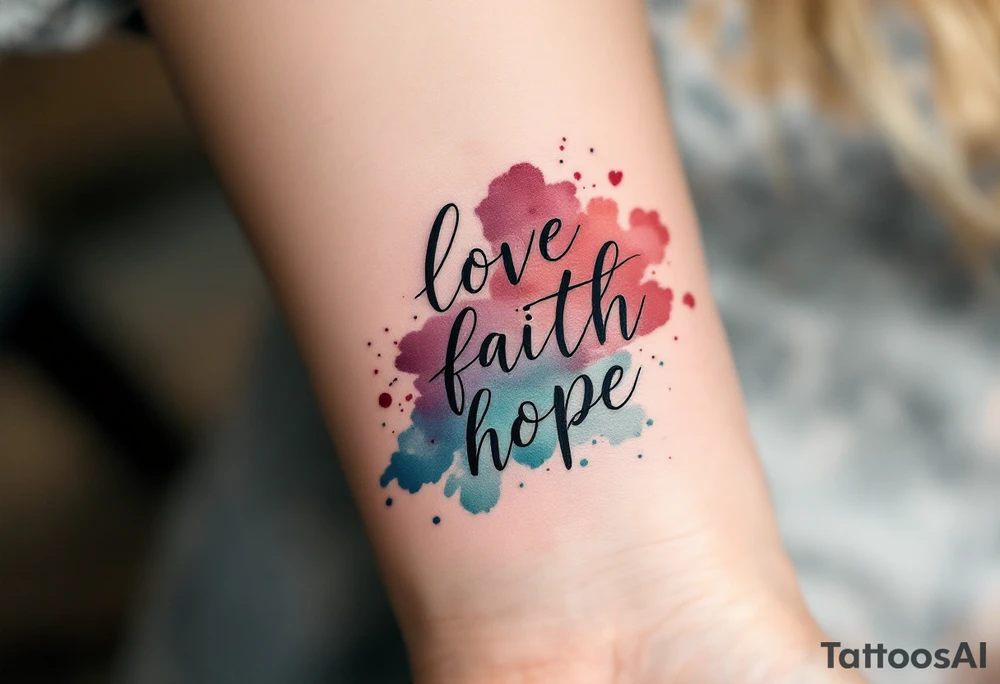 Clean black line text love faith hope with abstract watercolor bursts in wine red, indigo, and moss green. tattoo idea