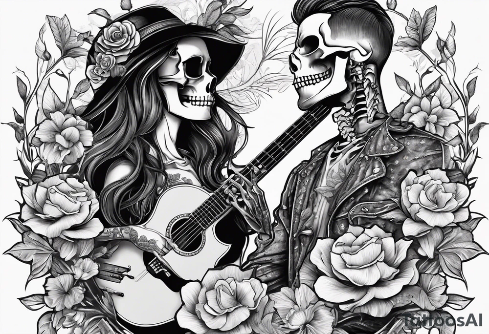 a female and male skeleton in love. The female has hibisucs flowers and the male is playing the guitar tattoo idea