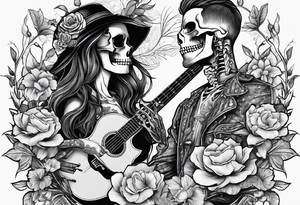 a female and male skeleton in love. The female has hibisucs flowers and the male is playing the guitar tattoo idea