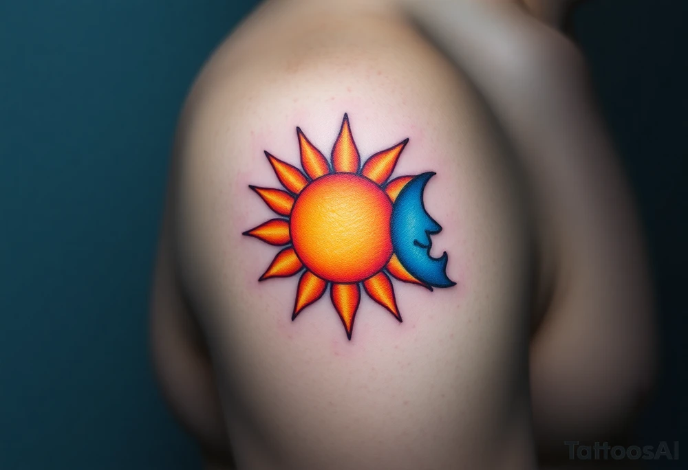 Matching sun and moon tattoos in warm orange and cool blue signify balance and harmony between father and kids. tattoo idea