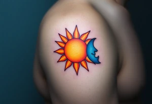 Matching sun and moon tattoos in warm orange and cool blue signify balance and harmony between father and kids. tattoo idea