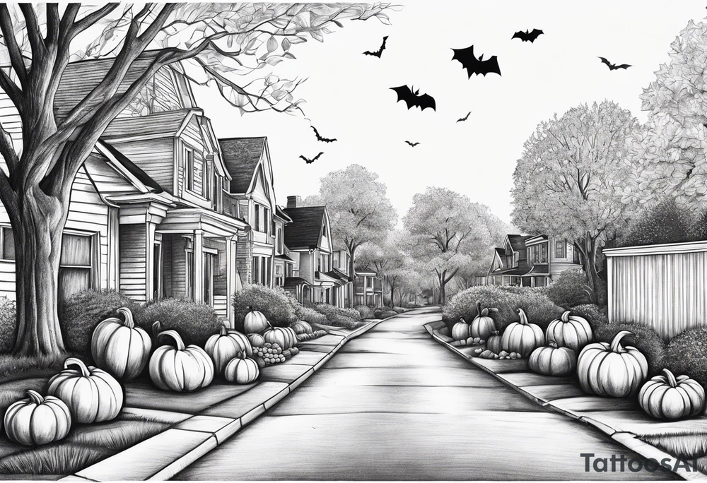 Neighborhood street in fall with Halloween pumpkin tattoo idea