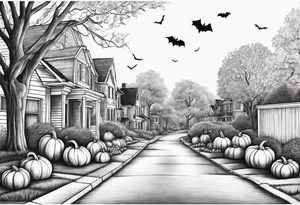 Neighborhood street in fall with Halloween pumpkin tattoo idea